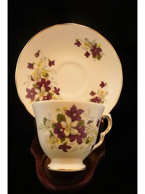 Royal Vale English Bone China Tea Cup Saucer With Violets Design Gold Trim